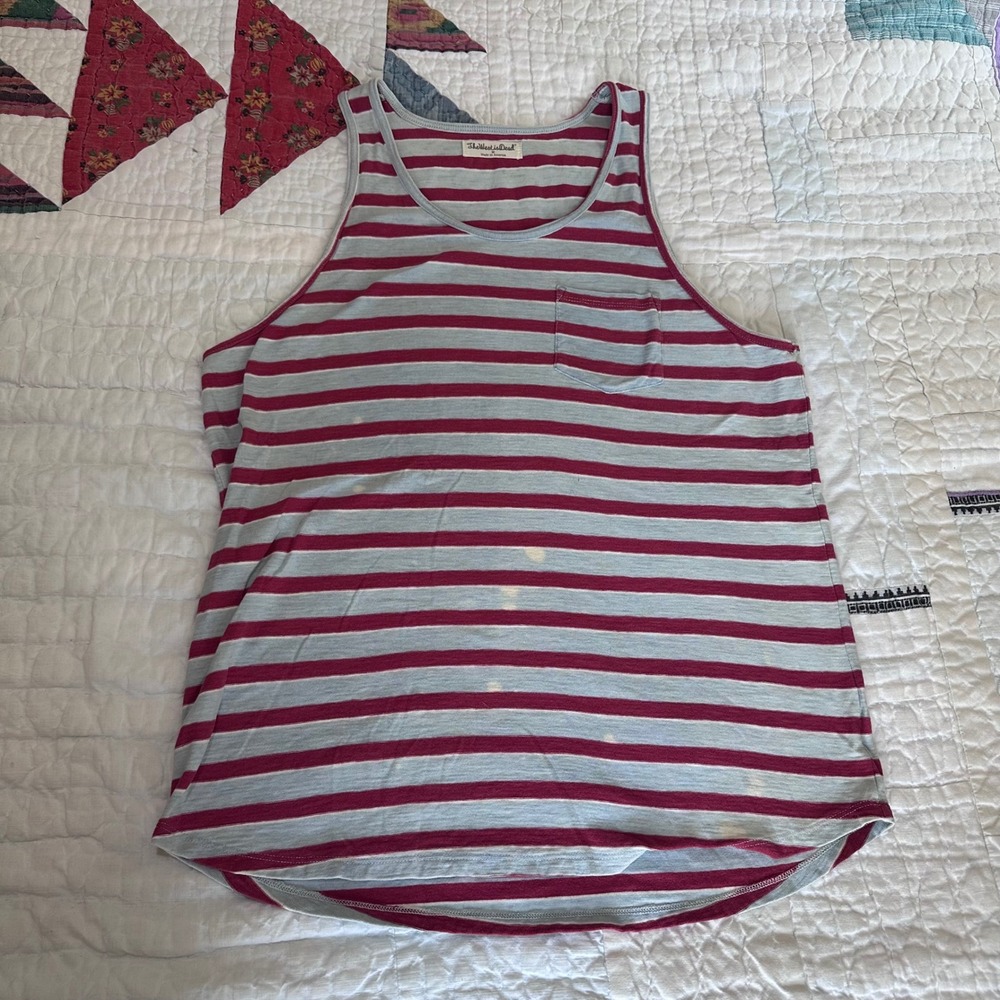 The West is Dead Tank Top Blue Red Striped Pocket Slub Cotton Mens Medium